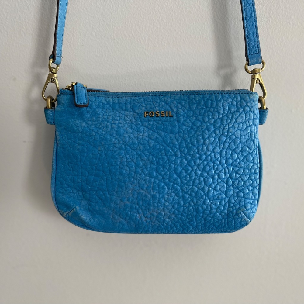 Fossil Memoir Pebbled Leather Sky Blue Crossbody Bag Turquoise Purse Coastal - Picture 12 of 16